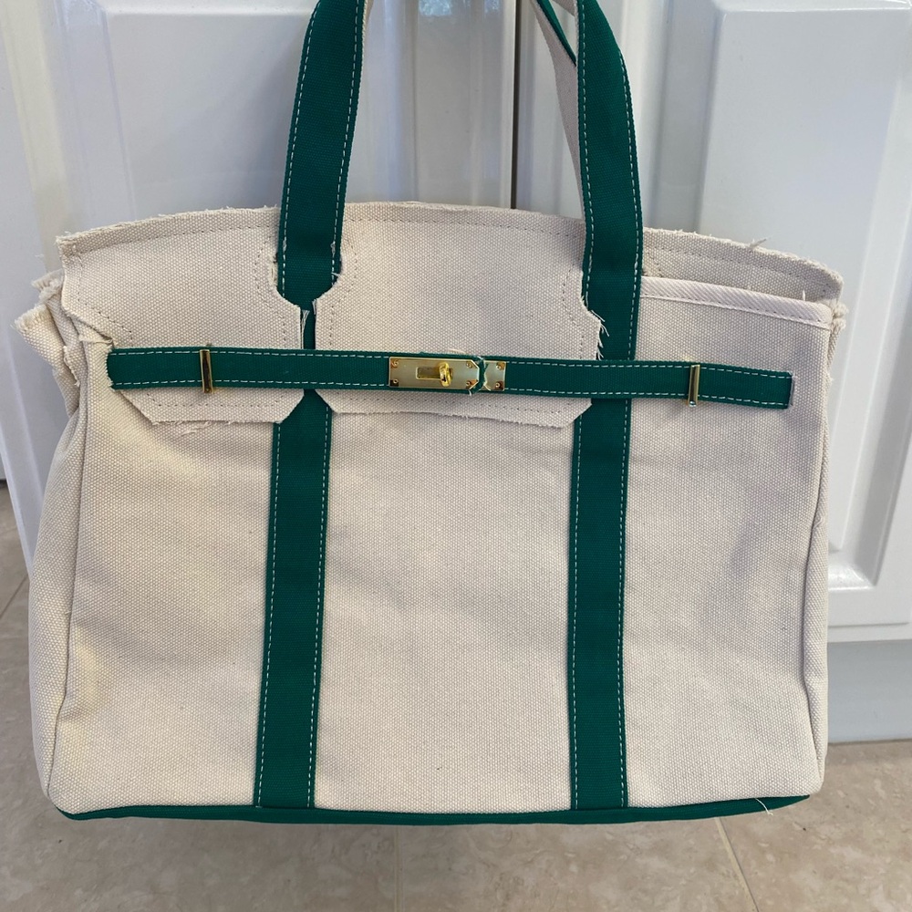 Boatkin style Canvas Tote Bag with Green Straps